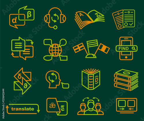 Traslation and dictonary icons set in outline style vector illustration