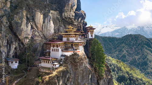 Taktshang Goemba or Tiger's nest Temple or Tiger's nest monastery the beautiful buddhist temple.The most sacred place in Bhutan is located on the high cliff mountain with sky of Paro valley, Bhutan.