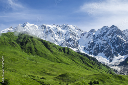 Mountain landscape with emerald slopes on the foreground and steep face of rocks,ice and snow on the background in gorgeous summer day