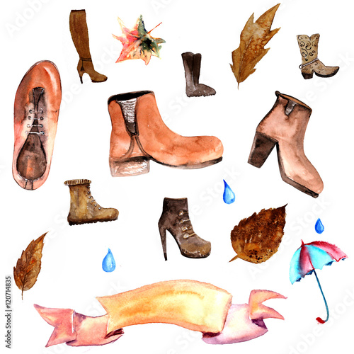 Watercolor autumn shoes collection including cloud with rain drops, umbrella, scarf, leaf, cup of tea, book and rubber boots. Autumn icon, banner, logo