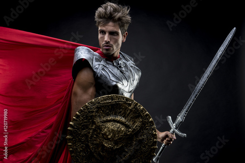 Gladiator, centurion or Roman warrior with iron armor, military