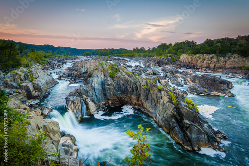 View of rapids in the Potomac River at sunset, at Great Falls Pa