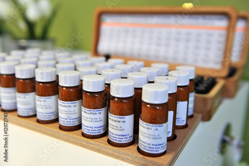 Homeopathic drugs on a shelve.