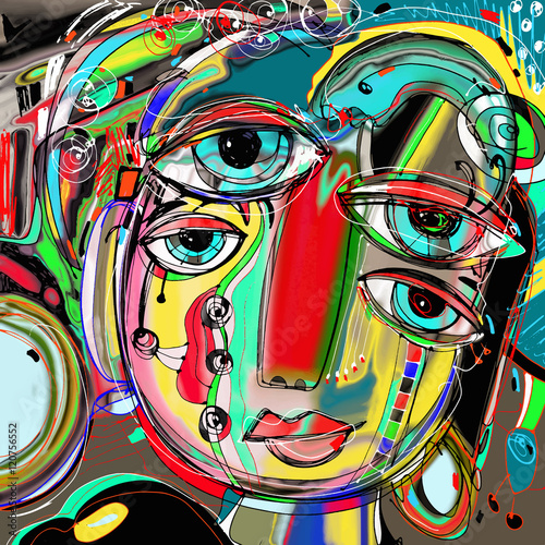 abstract digital painting of human face, colorful composition in