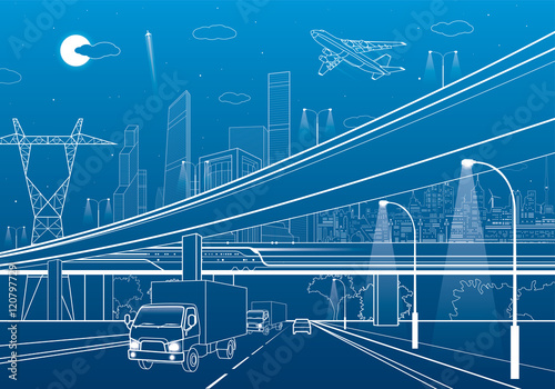 Car overpass, infrastructure, urban plot, airplane takes off, train move ob the bridge, neon city on background, truck on highway, white lines illustration, vector design art