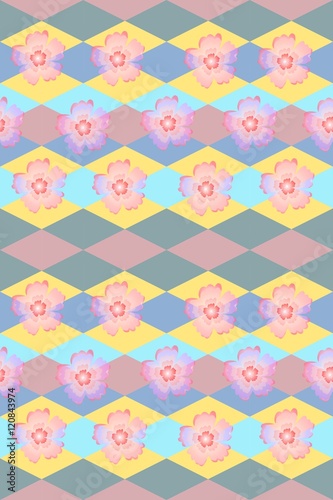 Background with flowers and rhombuses. Seamless floral and geometric pattern for fabric, wallpaper, web design.