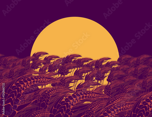 harvest moon poster with wheat field in orange and purple