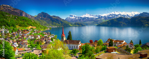 Panorama image of village Wegis, lake Lucerne (Vierwaldstatersee