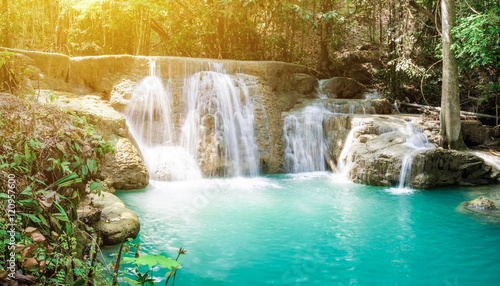 Waterfall tropical rain forest scenic sunlight at huai mae khamin national park, kanchanaburi, thailand