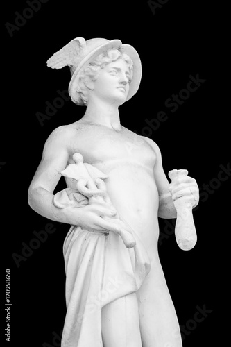 Isolated White Statue of the God Hermes on dark black background