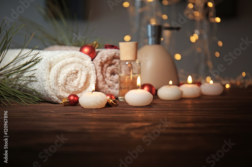 Christmas spa set on wooden table