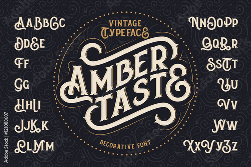 Vintage decorative font named "Amber Taste" with label design and background pattern