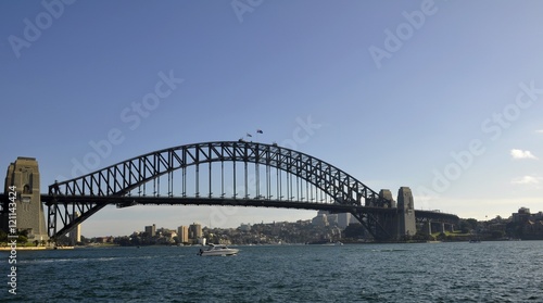 small motor boat passing by the Sydney Harbour bridge, Sydney NSW Australia 