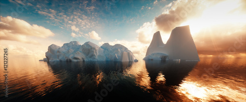 Ultrawide image of icebergs in calm ocean