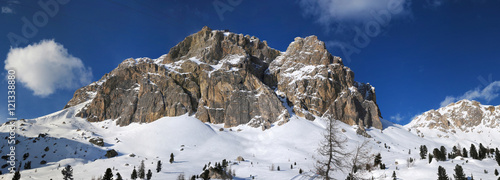 Lagazuoi mountain as seen from Passo Falzarego in winter, Dolomites, Cortina d'Ampezzo, Belluno, Veneto, Italy