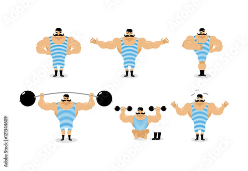 Strong retro athlete set poses. Ancient bodybuilder with mustach