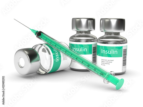 3d rendering of insulin vials and syringe isolated over white