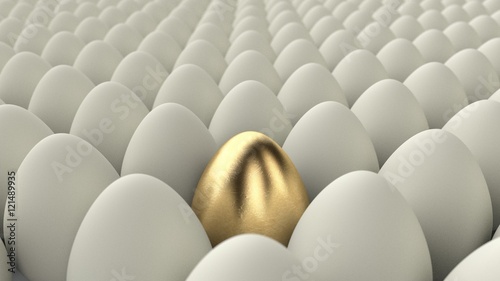 Close up of a golden egg among regular eggs. 3D render with nice depth of field.