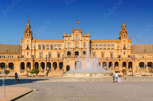 Sunset view of Plaza de Espana in Sevilla, Andalusia province, Spain.