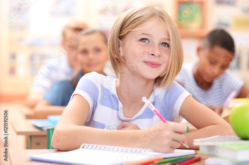 Cute schoolgirl in classroom on lesson