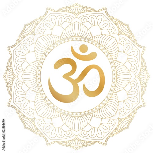 Aum Om Ohm symbol in decorative round mandala ornament.