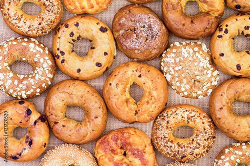 Assorted bagels in a full frame background