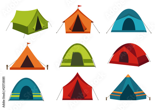 Set of camping tent vector icons isolated on white background.