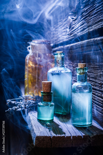 Vintage witch hut with magical potion for Halloween