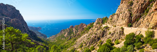 Stunning scenery of D81 road through the Calanches de Piana on the west coast of Corsica, France, Europe.