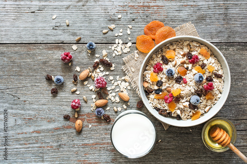 bowl of homemade muesli with glass of milk and honey