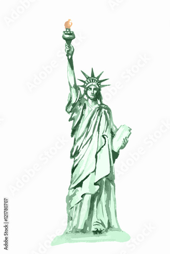 Isolated watercolor statue of liberty on white background. Symbol of New York, USA. Beautiful landmark.