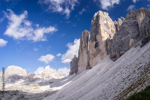 Famous rock formation Tre Cime, Italian Dolomites. UNESCO World Heritage Site.