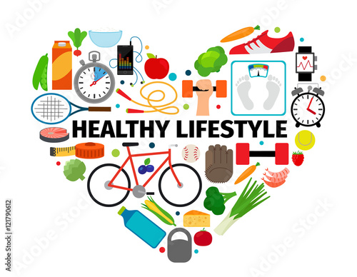 Healthy lifestyle heart emblem. Health, healthy food and active daily routine flat icons vector banner isolated on white background