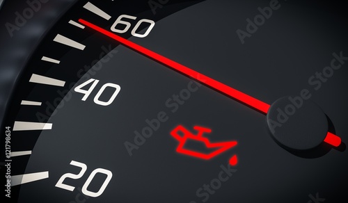 Oil and engine malfunction warning light control in car dashboard. 3D rendered illustration.