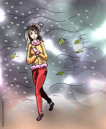 Jonge vrouw loopt door een herfststorm