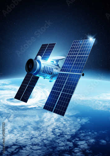 A modern satellite orbiting planet Earth. 3D illustration.