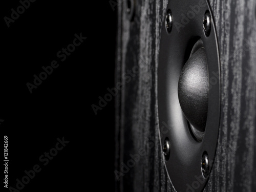 Black and white image of a high-frequency audio speaker on a wooden case. There is an empty seat for your text.