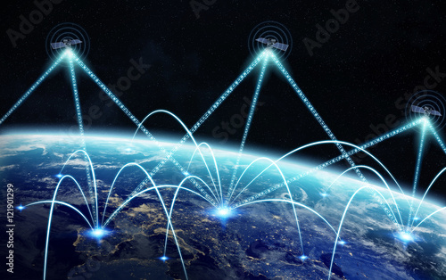 Global network and satellite data exchange 3D rendering elements