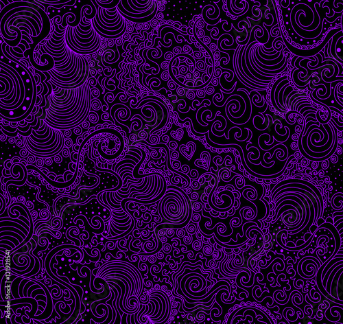 Decorative violet abstract vector seamless pattern with wavy curling lines, doodles, floral ornaments and shapes