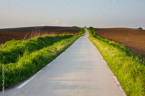Długa droga biegnąca przez pola na wsi