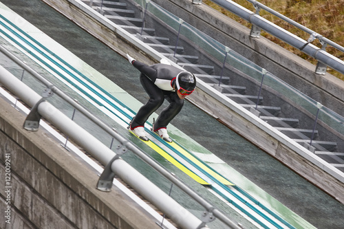 Ski jump. Artificial track. Winter sport. Norwegian summer.