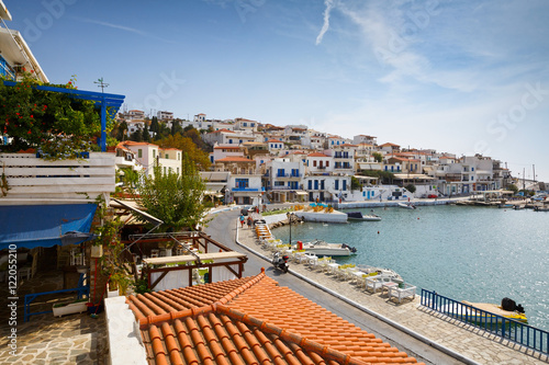 Batsi village on the coast of Andros island in Greece.