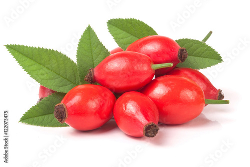 rose hip berry with leaves isolated on white background