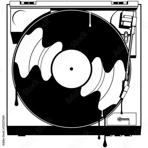 Record Player Dripping Ink A top down view of a black and white turntable playing a record with drips of ink.