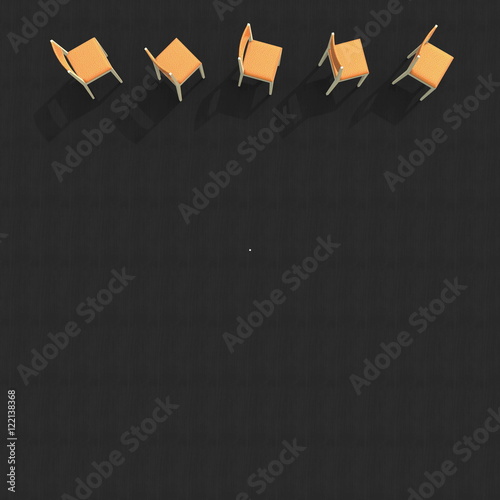 3d illustration rendering of five orange chairs on dark floor