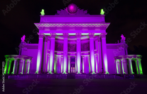 Moscow international festival "Circle of light". Laser show projected on the facade of the pavilion at VDNH (Exhibition of achievements of national economy)