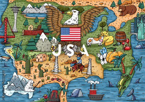 Funny Hand drawn Cartoon USA map with most popular places of interest