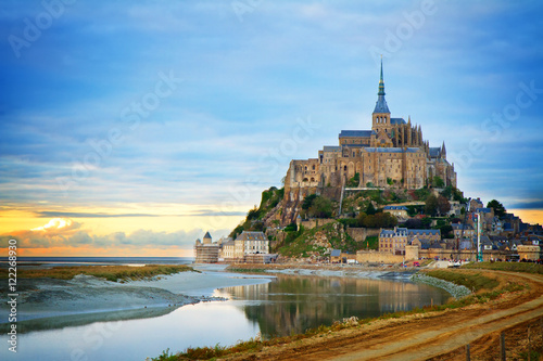 Mont St Michel city at sunset, Brittany France, toned