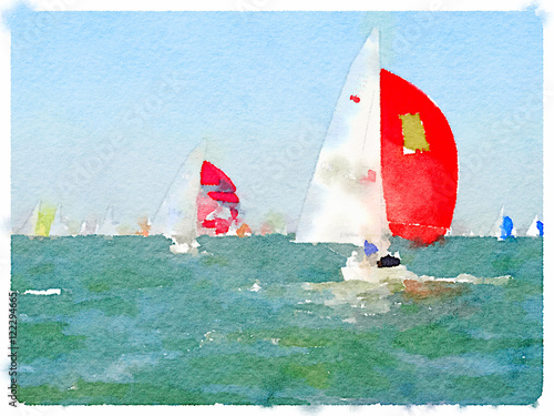 A digital watercolor painting of a sailing boats in the sea racing with their sails up and with space for text.