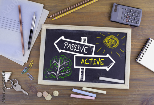 Passive - Active signpost drawn on a blackboard